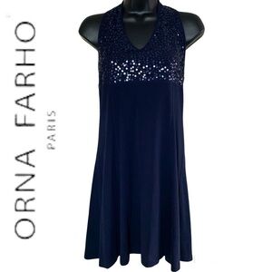 Orna Farho Dark Navy Blue Sequinned Halter Dress
